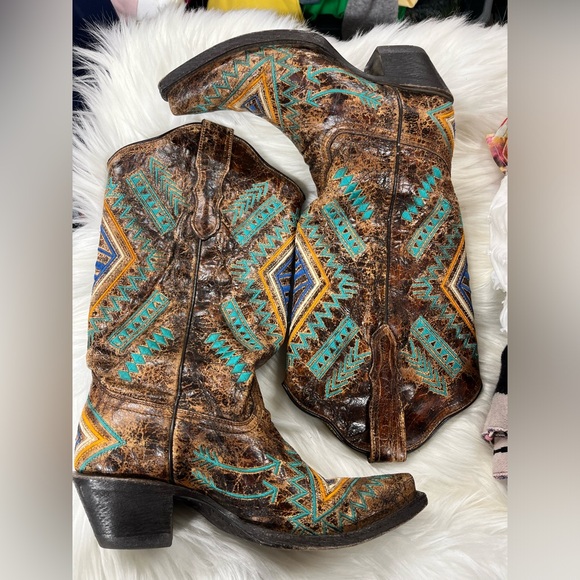 CORRAL WOMEN'S DIAMOND COWGIRL SNIP TOE TURQUOISE COGNAC BOOTS size 6 - Picture 2 of 11
